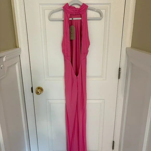 Meshki Satin Drape Back Maxi Dress with Split - Pink / XS - Picture 10 of 12